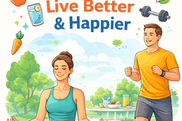 Healthy lifestyle tips showing yoga, jogging, and nutritious meals for better health and happiness