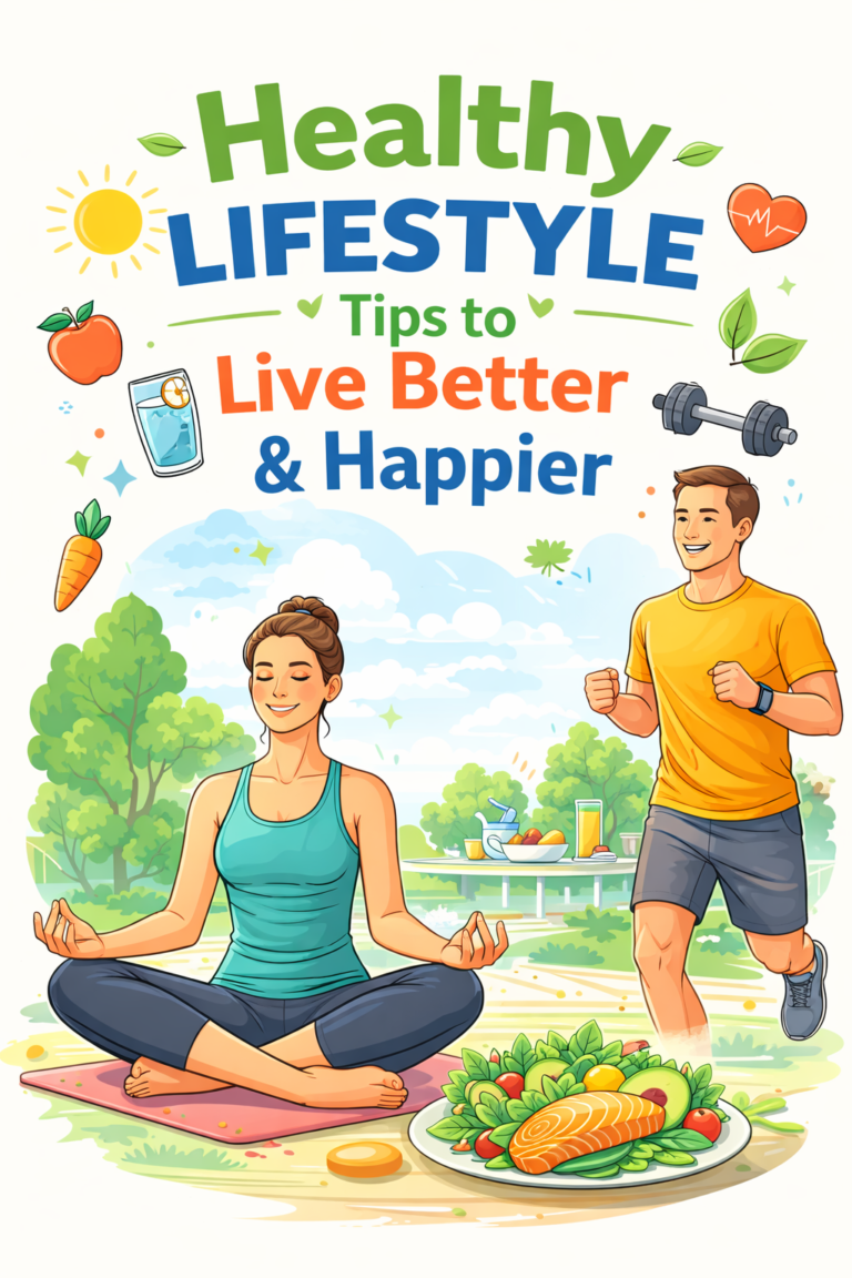 Healthy lifestyle tips showing yoga, jogging, and nutritious meals for better health and happiness