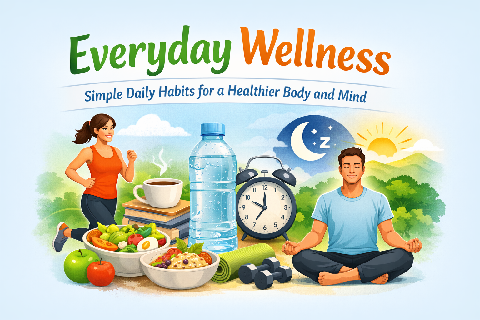 Everyday wellness concept showing healthy habits: morning exercise, nutritious food, hydration, meditation, and balanced lifestyle