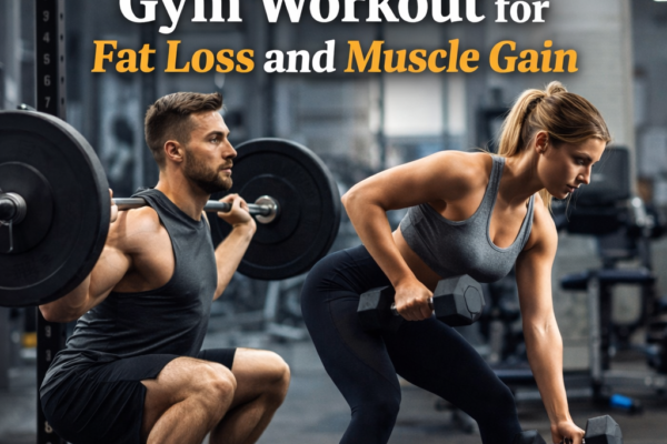 Full body gym workout scene showing exercises for fat loss and muscle gain, including weightlifting and cardio movements