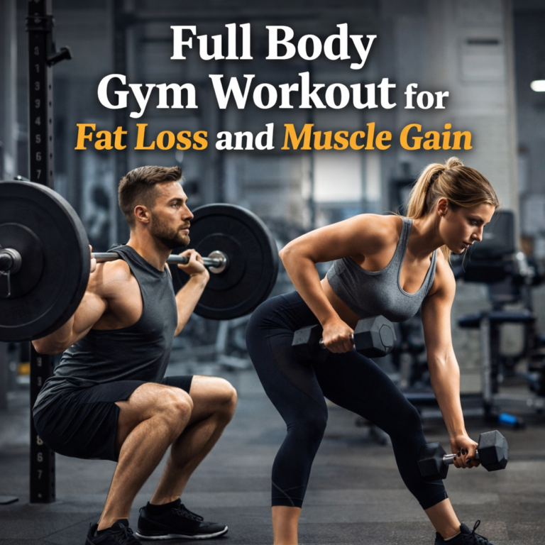 Full body gym workout scene showing exercises for fat loss and muscle gain, including weightlifting and cardio movements