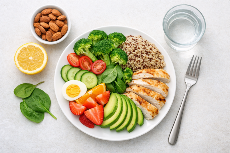 Balanced diet tips featuring healthy meals with fruits, vegetables, whole grains, and proteins for better health and energy