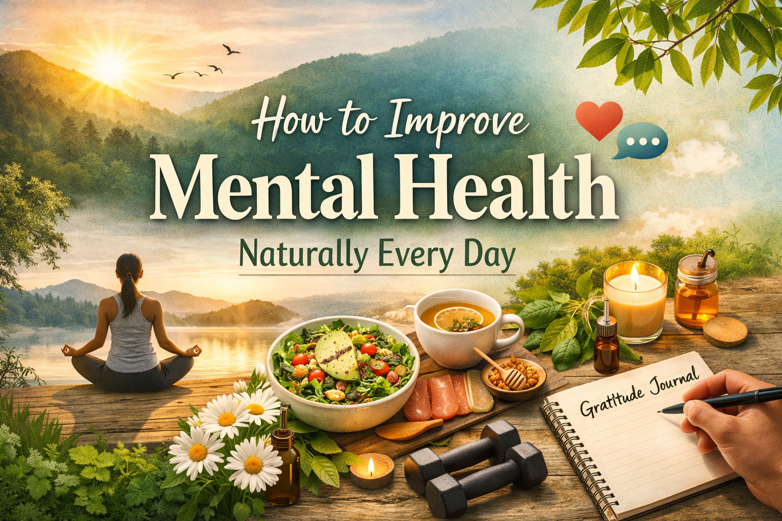 Daily natural practices to improve mental health, including meditation, journaling, mindfulness, and healthy lifestyle habits