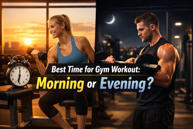 Gym workout scene comparing morning and evening exercise routines for optimal fitness and energy levels