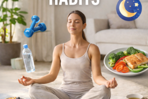 Holistic wellness lifestyle with yoga, meditation, healthy eating, and mindful daily habits for overall wellbeing