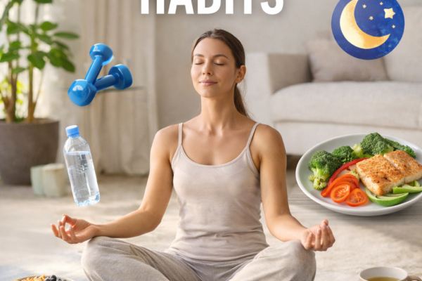 Holistic wellness lifestyle with yoga, meditation, healthy eating, and mindful daily habits for overall wellbeing
