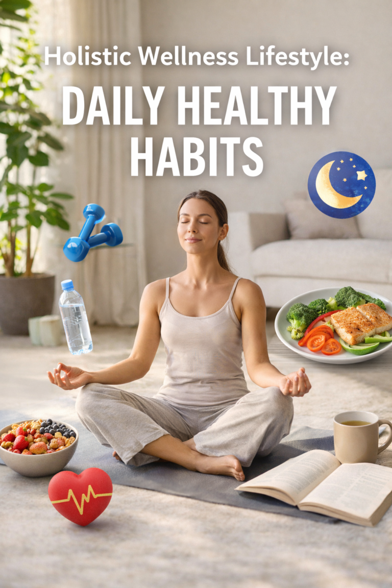 Holistic wellness lifestyle with yoga, meditation, healthy eating, and mindful daily habits for overall wellbeing