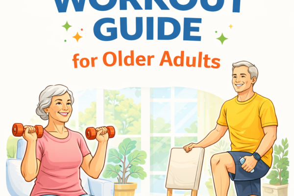 Older adults performing easy home workouts including chair exercises, stretching, and light strength training
