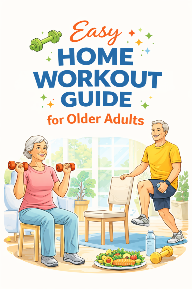 Older adults performing easy home workouts including chair exercises, stretching, and light strength training