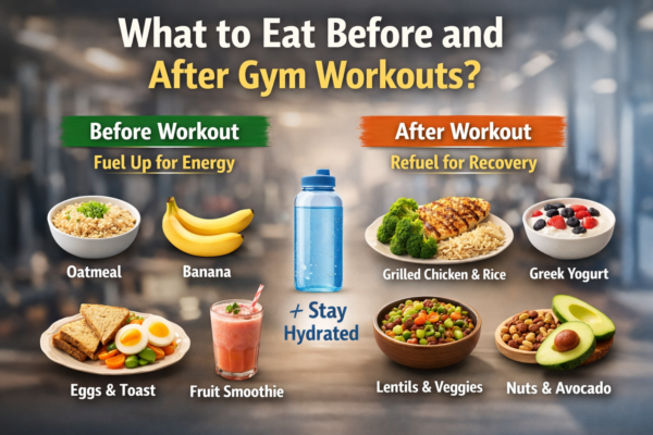 Healthy pre- and post-workout foods including fruits, protein sources, and balanced meals for optimal gym performance and recovery