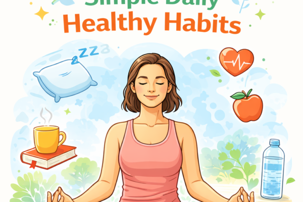 Meditating person with healthy daily habits icons for mental wellness, including sleep, hydration, reading, and light exercise