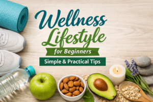 Beginner-friendly wellness lifestyle tips showing healthy habits like exercise, balanced diet, mindfulness, and self-care practices