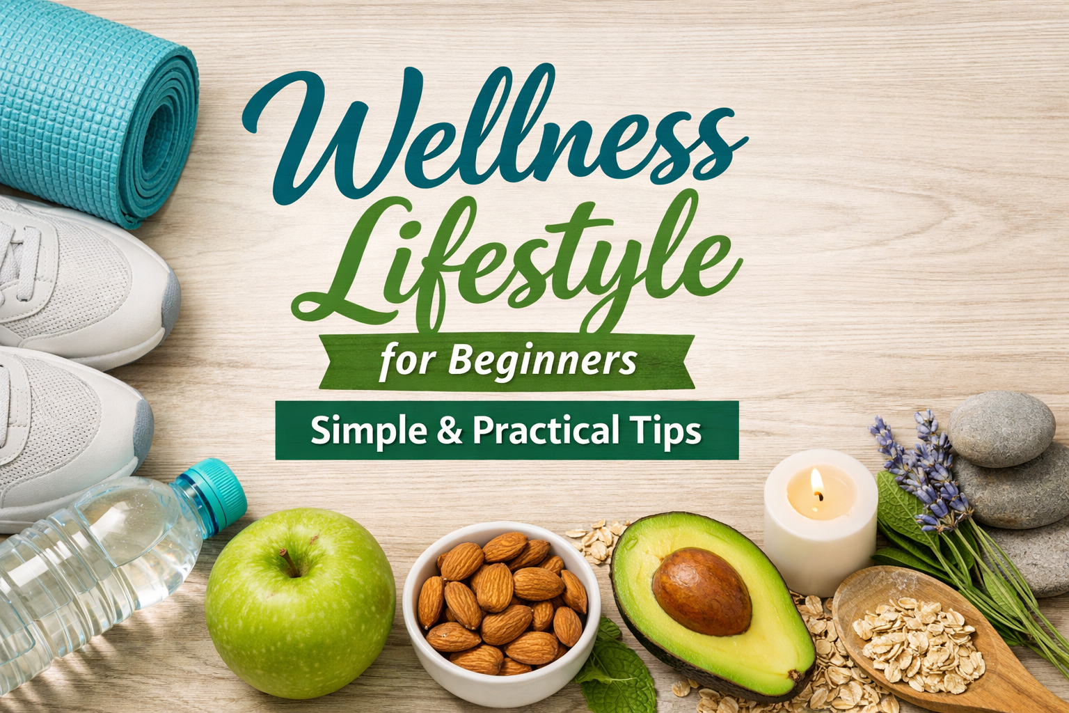 Beginner-friendly wellness lifestyle tips showing healthy habits like exercise, balanced diet, mindfulness, and self-care practices