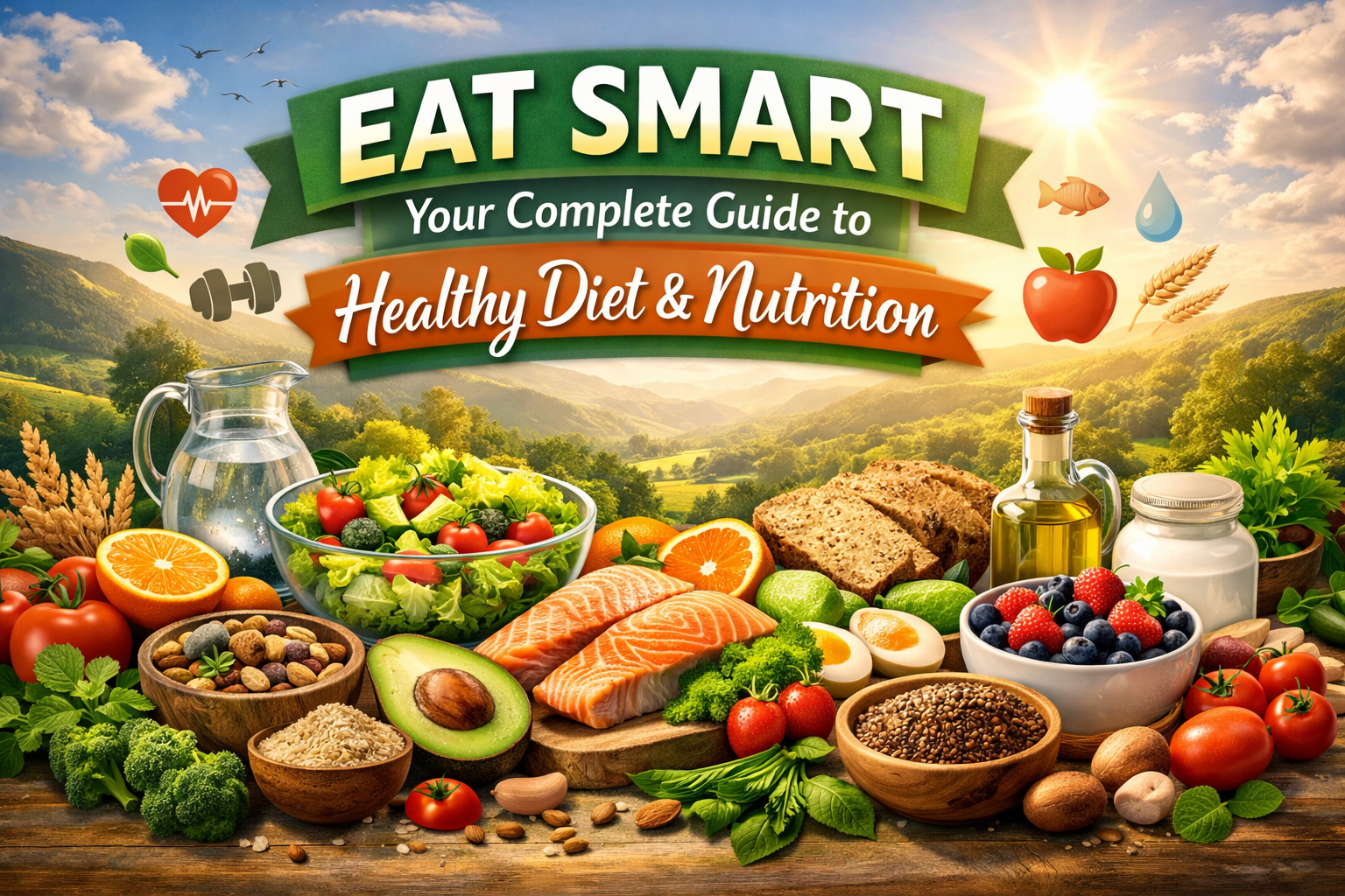 Healthy diet and nutrition guide showing balanced meals with fruits, vegetables, whole grains, and proteins for optimal health