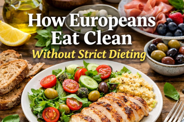 European-style clean eating with balanced meals, fresh vegetables, fruits, and wholesome foods without strict dieting