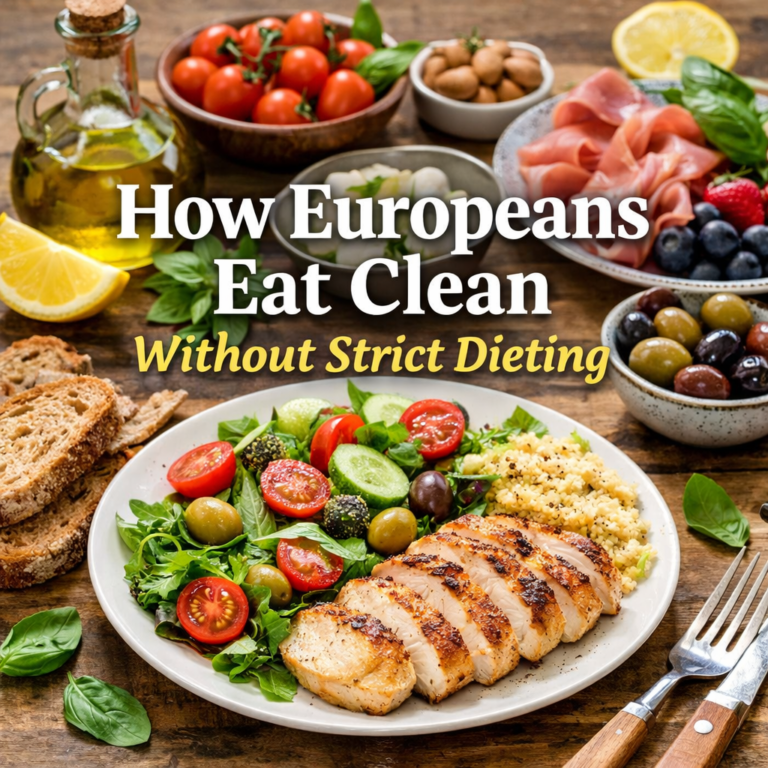 European-style clean eating with balanced meals, fresh vegetables, fruits, and wholesome foods without strict dieting