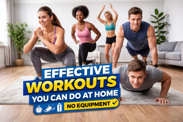 Home workout scene with people doing bodyweight exercises like squats, push-ups, and stretching without any equipment