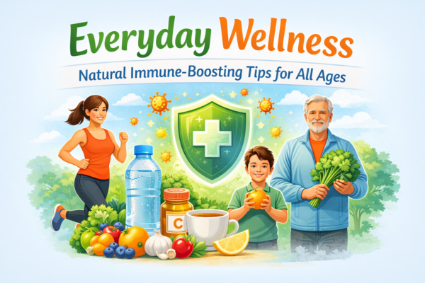 Everyday wellness and natural immune-boosting tips showing healthy habits for all ages, including exercise, nutritious food, hydration, and outdoor activity