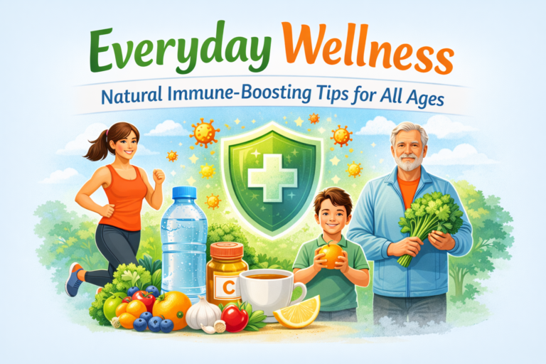 Everyday wellness and natural immune-boosting tips showing healthy habits for all ages, including exercise, nutritious food, hydration, and outdoor activity