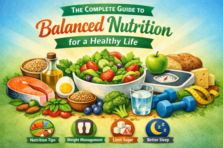 Balanced nutrition guide featuring healthy foods like fruits, vegetables, whole grains, proteins, and water for a healthy life