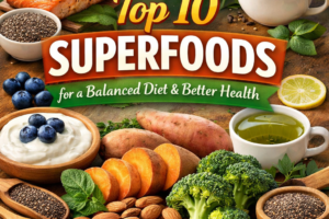 Top 10 superfoods including berries, nuts, leafy greens, and whole grains for a balanced diet and better health