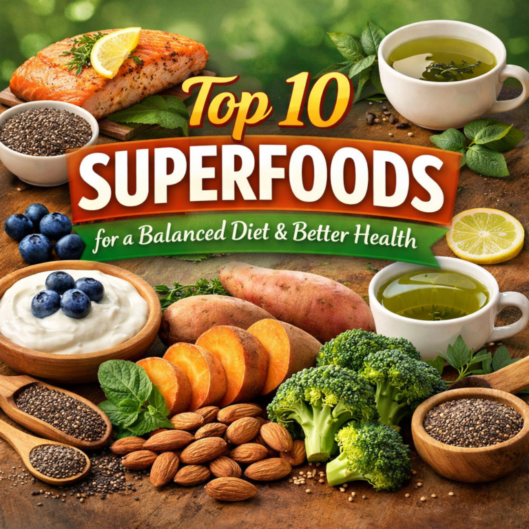 Top 10 superfoods including berries, nuts, leafy greens, and whole grains for a balanced diet and better health