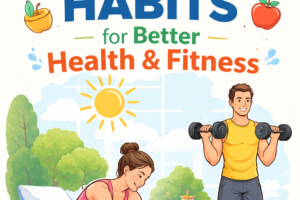 Simple morning habits for better health and fitness, featuring stretching, yoga, dumbbell exercises, and healthy breakfast