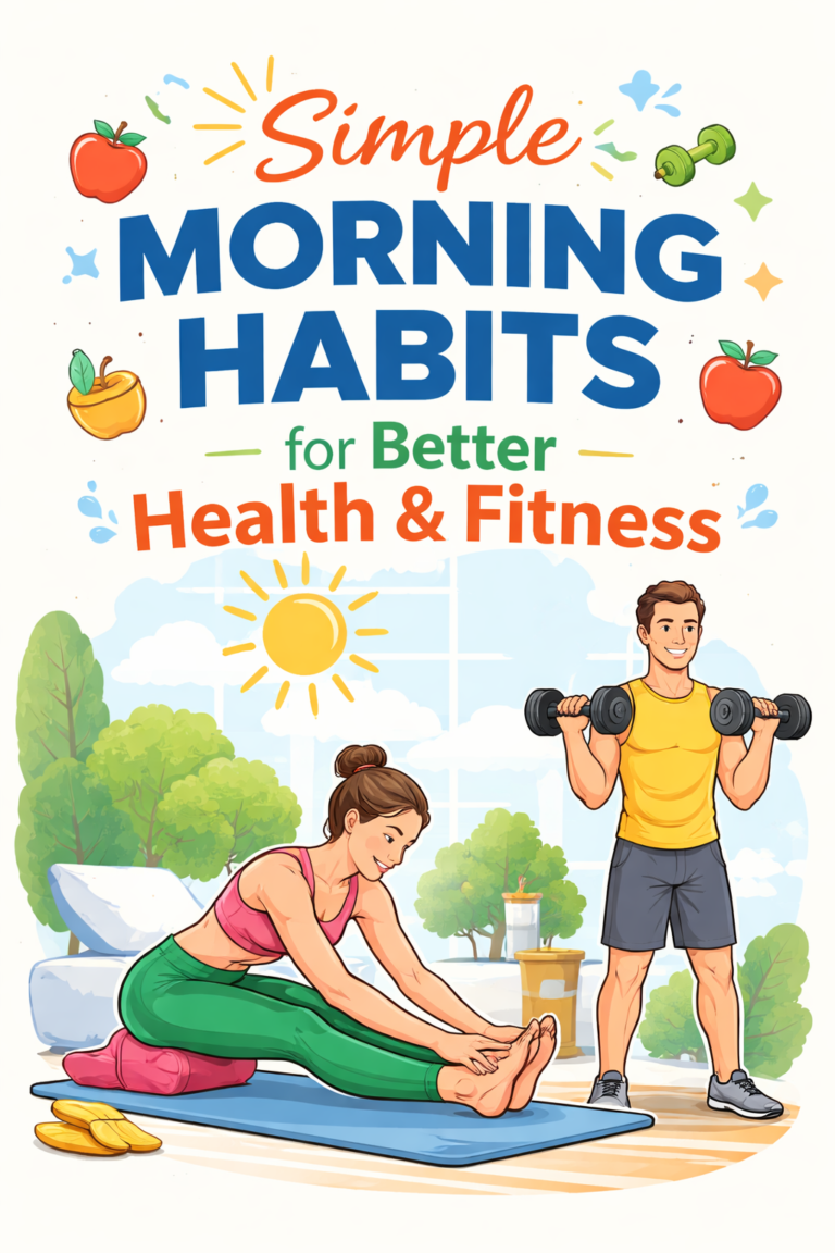 Simple morning habits for better health and fitness, featuring stretching, yoga, dumbbell exercises, and healthy breakfast