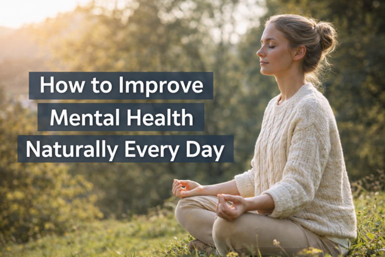 Mental health improvement with daily natural practices like meditation, journaling, mindfulness, and healthy habits