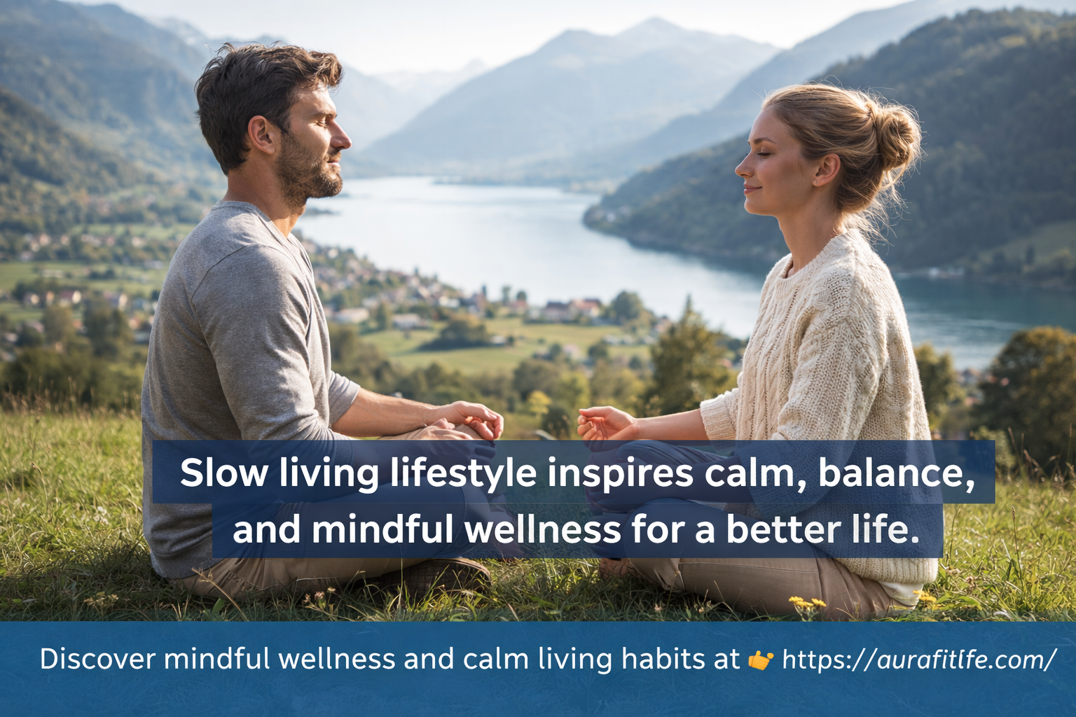 Slow living lifestyle showing Europeans enjoying calm, mindful activities like walking in nature and relaxing at home