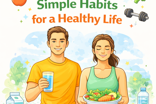Healthy diet and nutrition with salads, fruits, vegetables, and water for simple habits and overall wellness