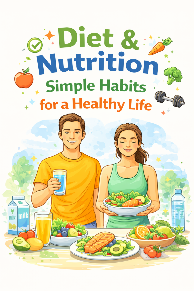 Healthy diet and nutrition with salads, fruits, vegetables, and water for simple habits and overall wellness