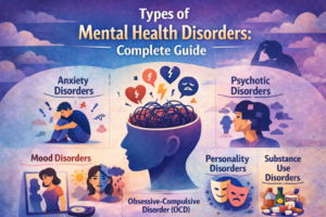 Illustration representing various types of mental health disorders, including anxiety, depression, and mood disorders