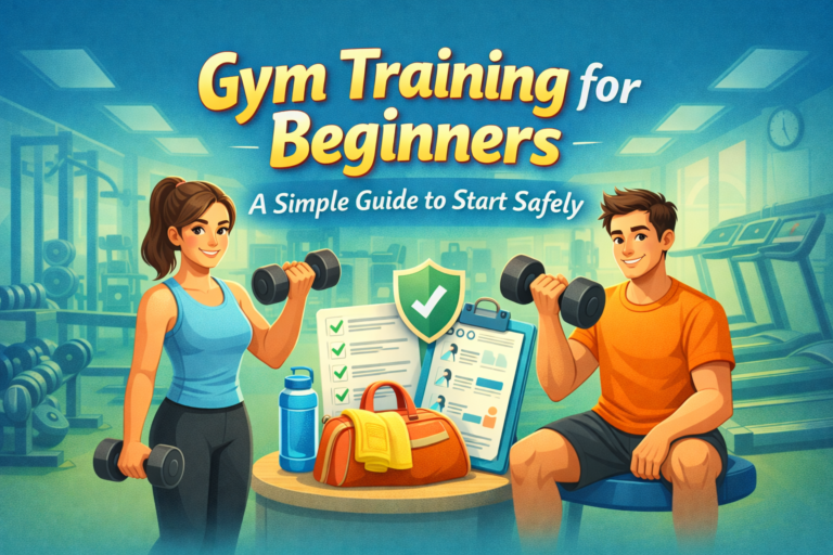 Gym training for beginners with safe exercises, dumbbells, and a friendly workout environment