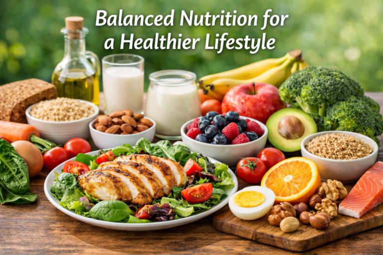 Balanced nutrition display with grilled chicken, fresh salad, fruits, vegetables, grains, nuts, and dairy on a wooden table