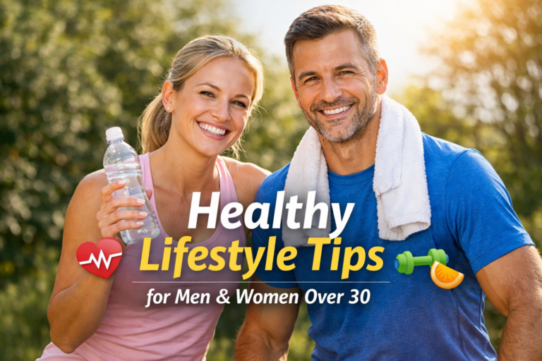 Healthy lifestyle tips for men and women over 30 focusing on fitness, nutrition, and wellness