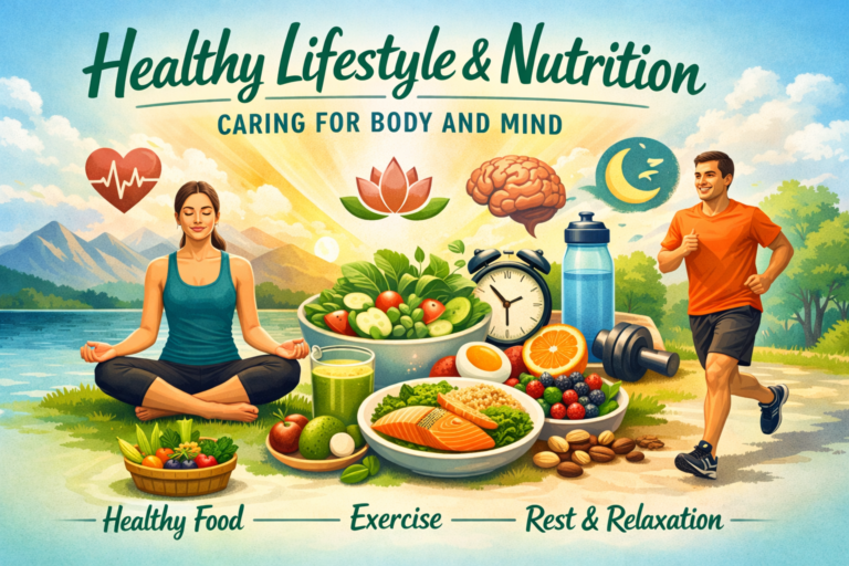 Healthy lifestyle and nutrition illustration showing a woman meditating, a man jogging, and plates of nutritious food promoting body and mind wellness.