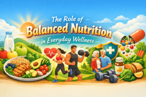 Balanced Nutrition in Everyday Wellness with healthy foods, exercise, and overall wellness symbols