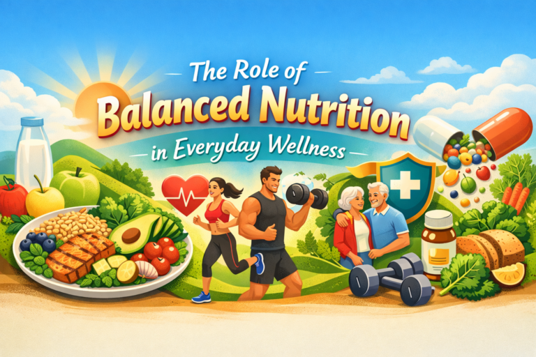 Balanced Nutrition in Everyday Wellness with healthy foods, exercise, and overall wellness symbols
