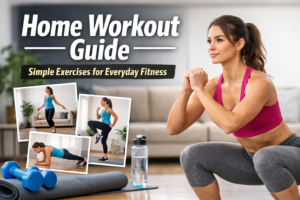 Home workout at living room showing a woman doing squats, planks, high knees, and jump rope with yoga mat and dumbbells nearby