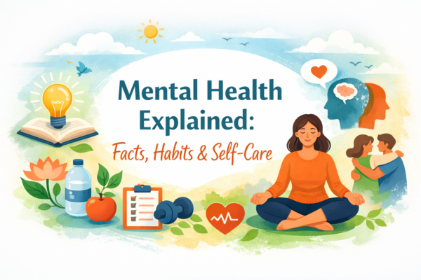 Mental Health Explained: meditation, healthy habits, and emotional well-being icons