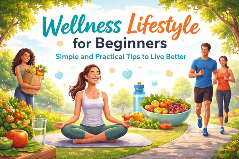People practicing wellness lifestyle: meditation, jogging, healthy meals, and hydration in a sunny outdoor park