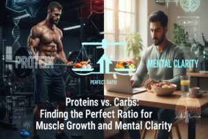 A balanced nutrition plate showing proteins and carbohydrates with a brain and muscle icon representing mental clarity and physical growth