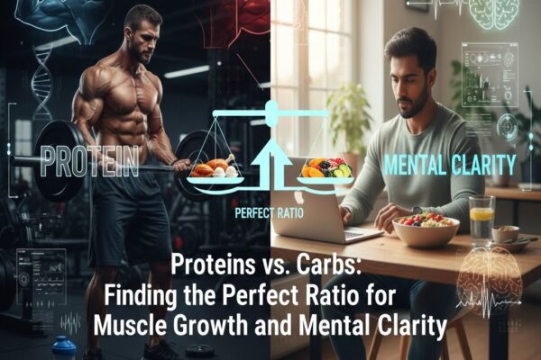 A balanced nutrition plate showing proteins and carbohydrates with a brain and muscle icon representing mental clarity and physical growth