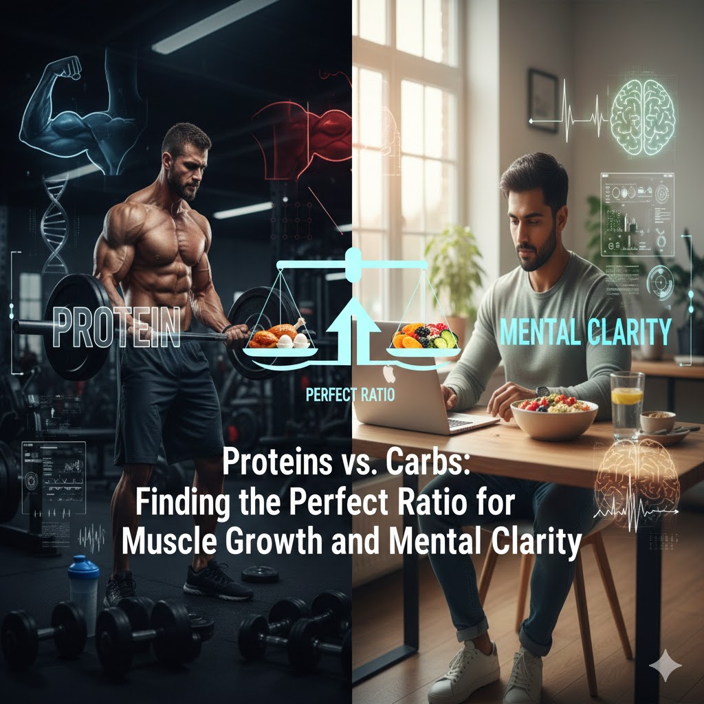 A balanced nutrition plate showing proteins and carbohydrates with a brain and muscle icon representing mental clarity and physical growth