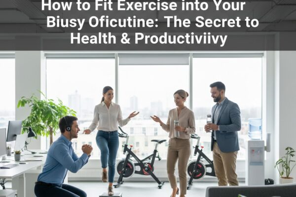 A professional modern office setting where employees are practicing healthy habits, featuring a man doing squats at his desk and colleagues having a walking meeting with water bottles