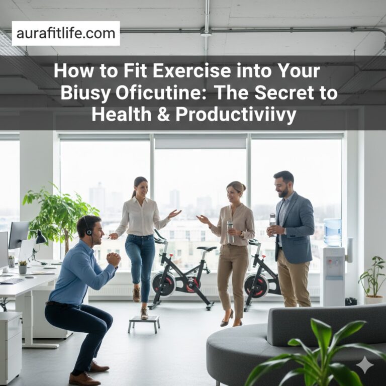 A professional modern office setting where employees are practicing healthy habits, featuring a man doing squats at his desk and colleagues having a walking meeting with water bottles