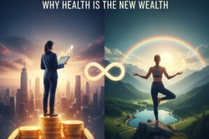A split screen showing a professional woman on gold coins and a woman practicing yoga in nature with the title Your Body Your Best Investment.