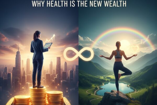 A split screen showing a professional woman on gold coins and a woman practicing yoga in nature with the title Your Body Your Best Investment.