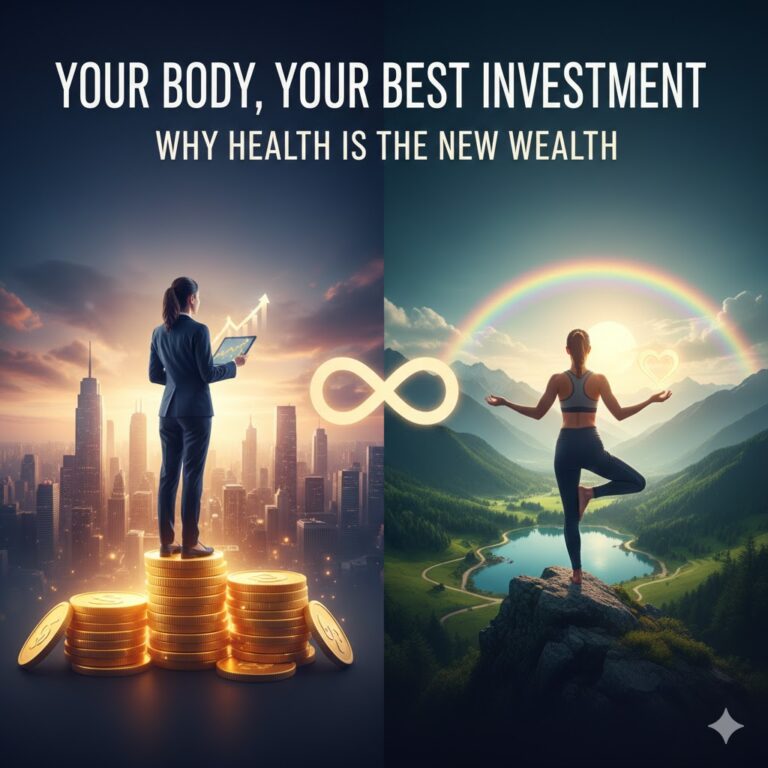 A split screen showing a professional woman on gold coins and a woman practicing yoga in nature with the title Your Body Your Best Investment.